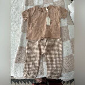 NWT Quincey Mae Oat Gingham Woven Pocket Tee + Pants Set